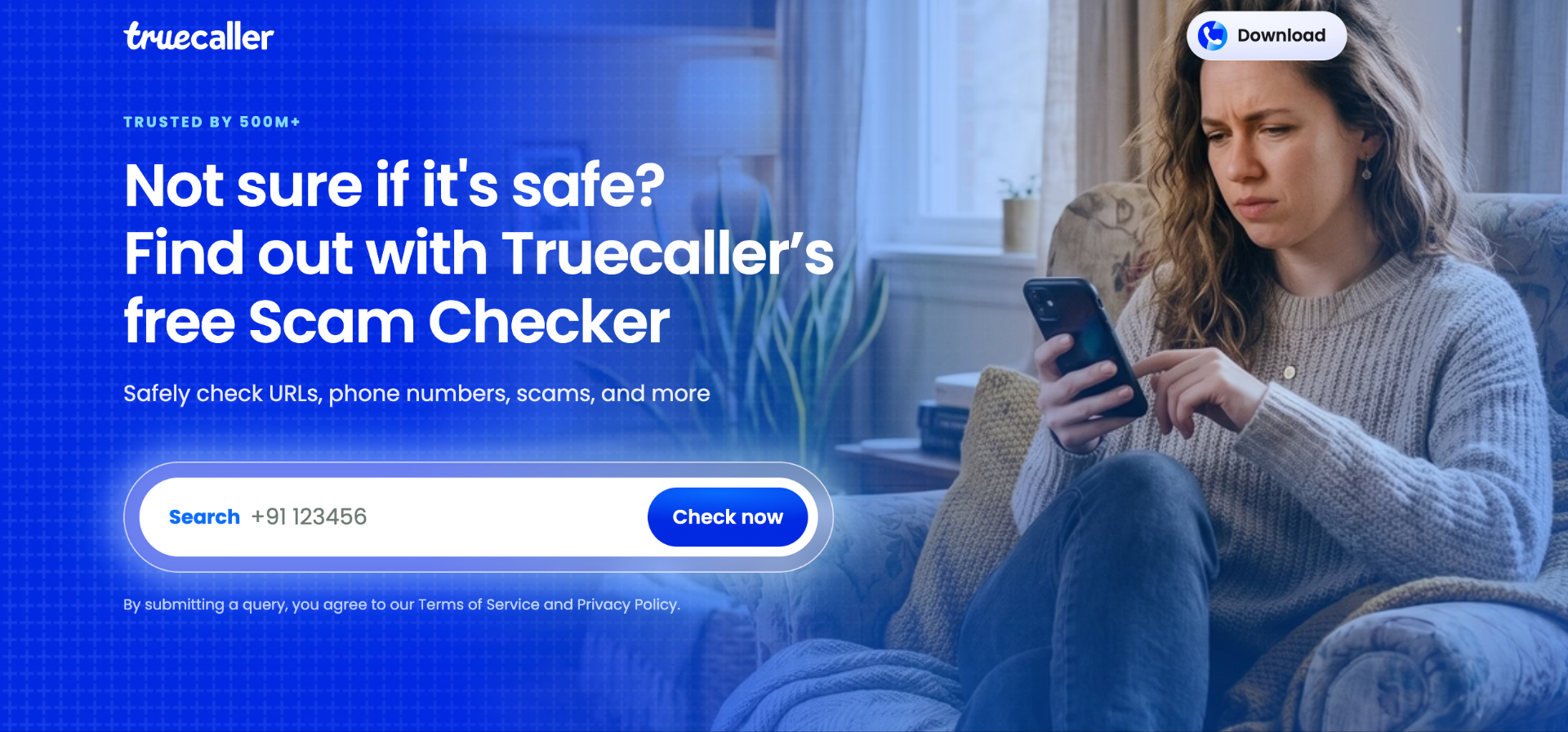 Giao diện công cụ Scam Checker của Truecaller