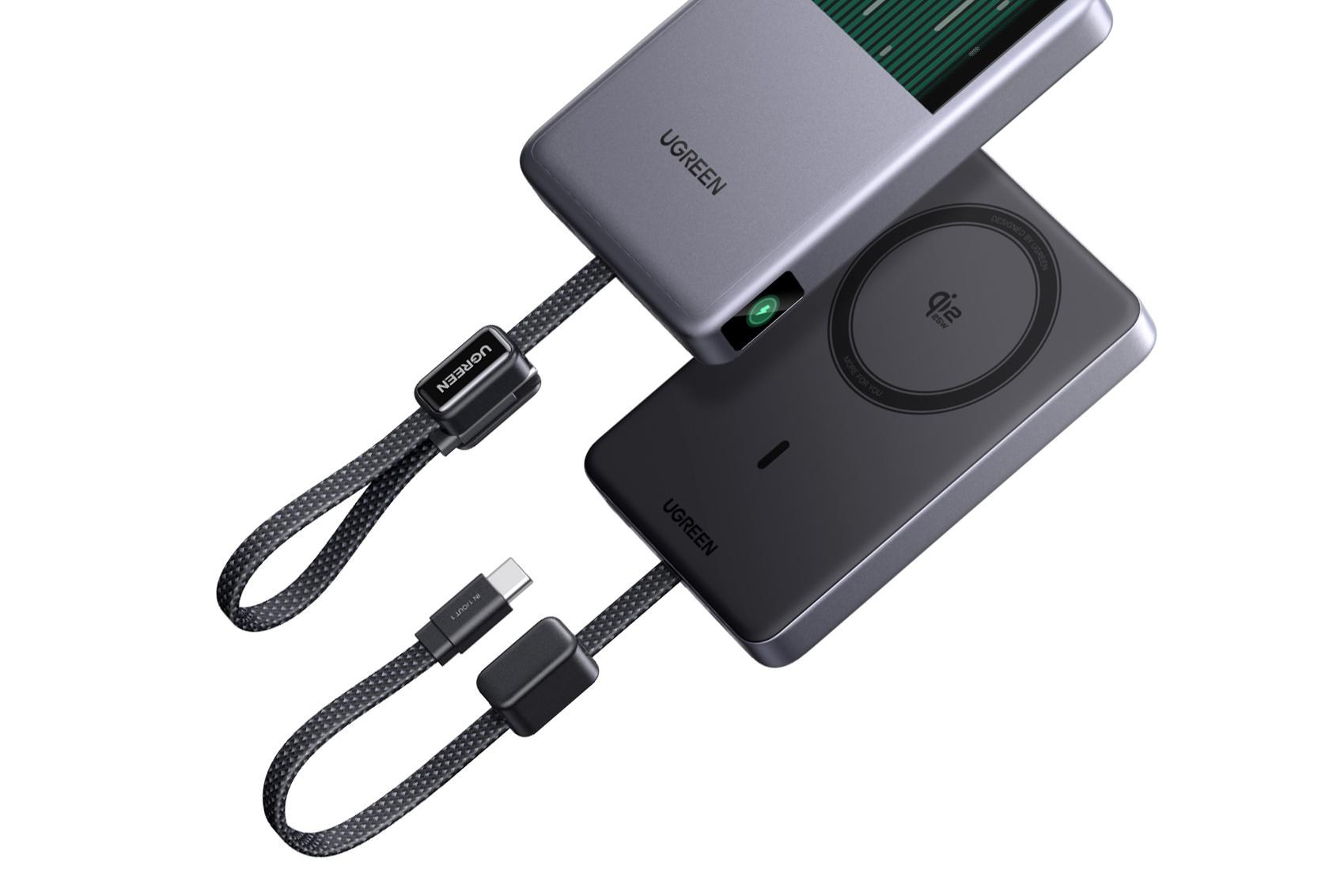Cận cảnh dây đeo và cổng USB-C trên sạc dự phòng Ugreen MagFlow Pro
