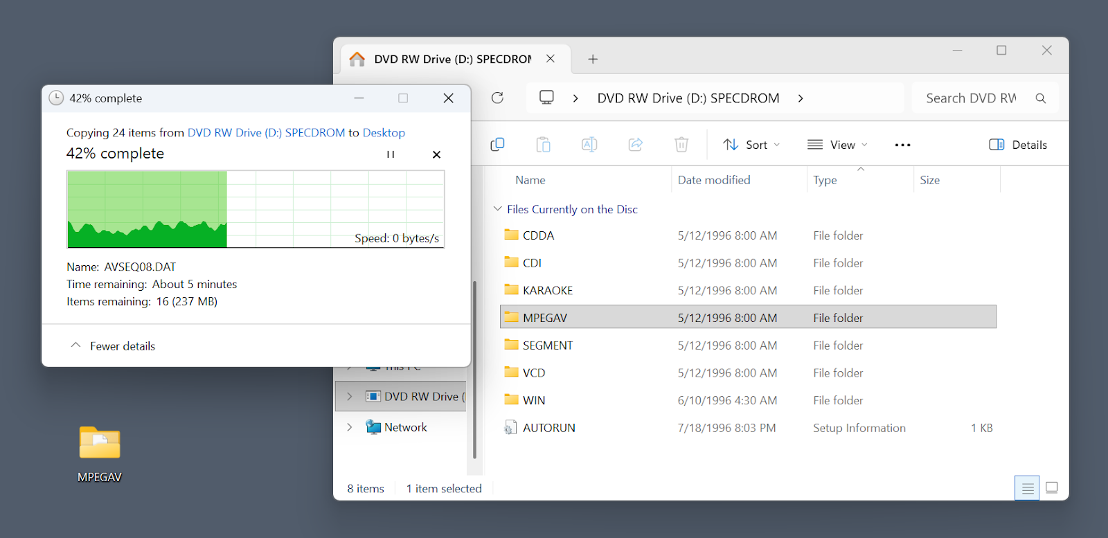Minh họa lỗi sao chép Video CD trên Windows Explorer