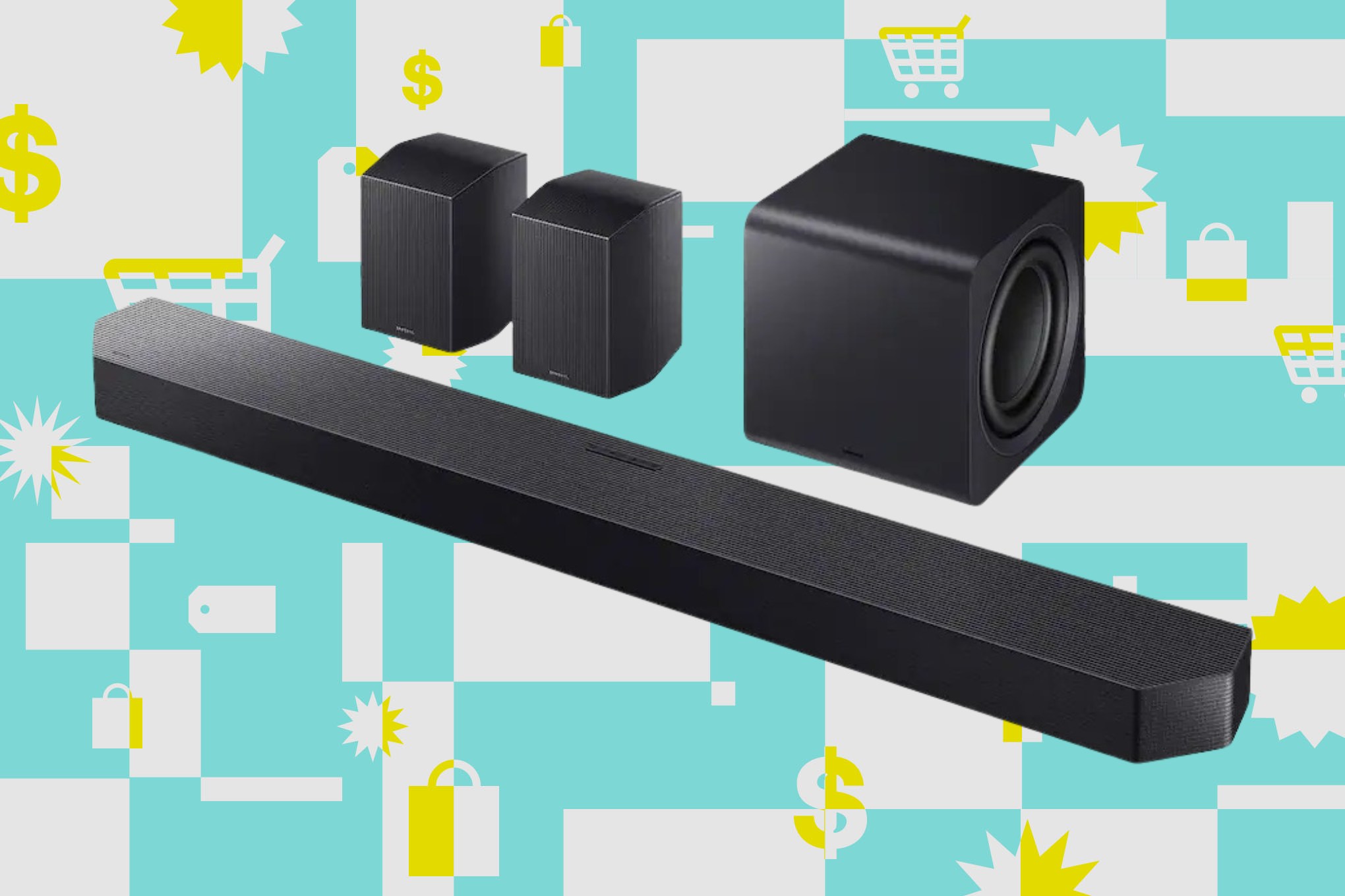 Toàn bộ hệ thống âm thanh Samsung Q990F bao gồm soundbar, loa siêu trầm không dây và hai loa vòm phía sau