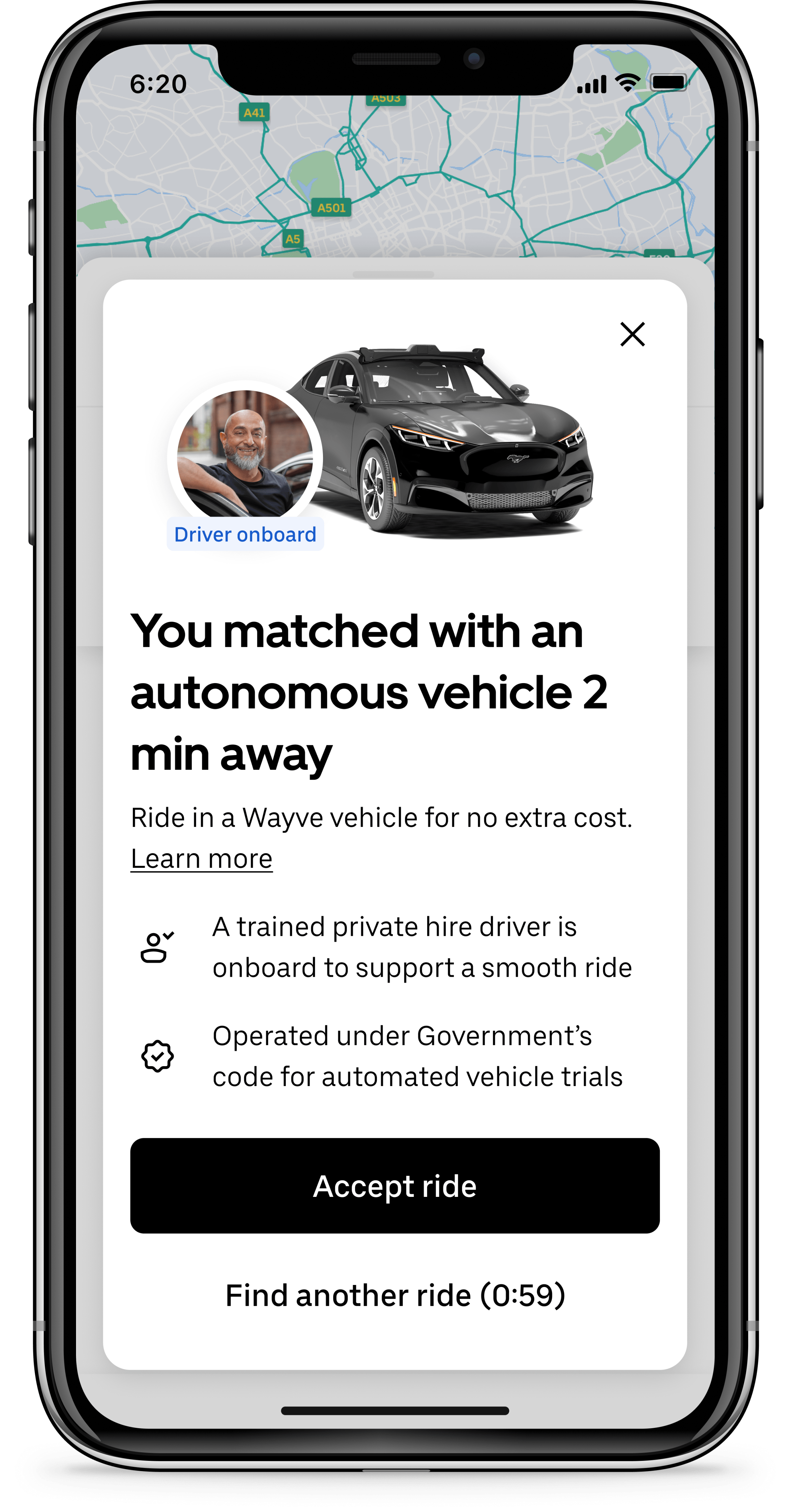 Giao diện ghép xe robotaxi trên ứng dụng Uber