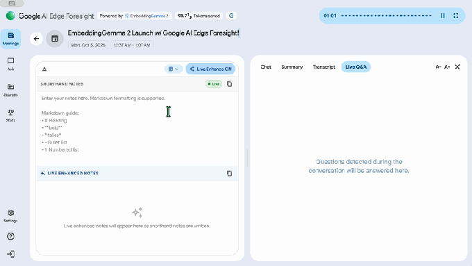 Giao diện ứng dụng ghi chú cuộc họp AI Edge Foresight của Google