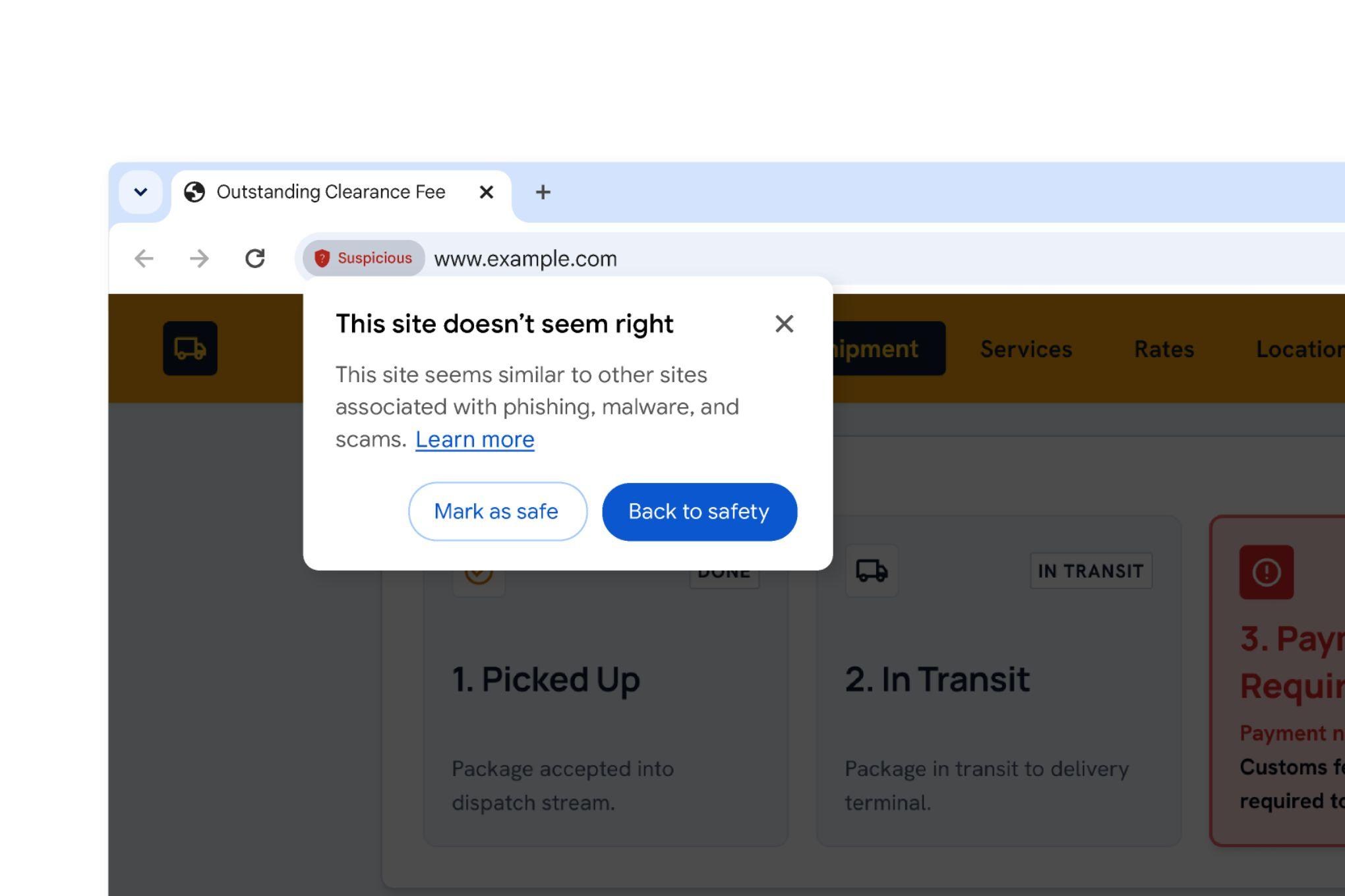 Giao diện cảnh báo trang web đáng ngờ trên Chrome