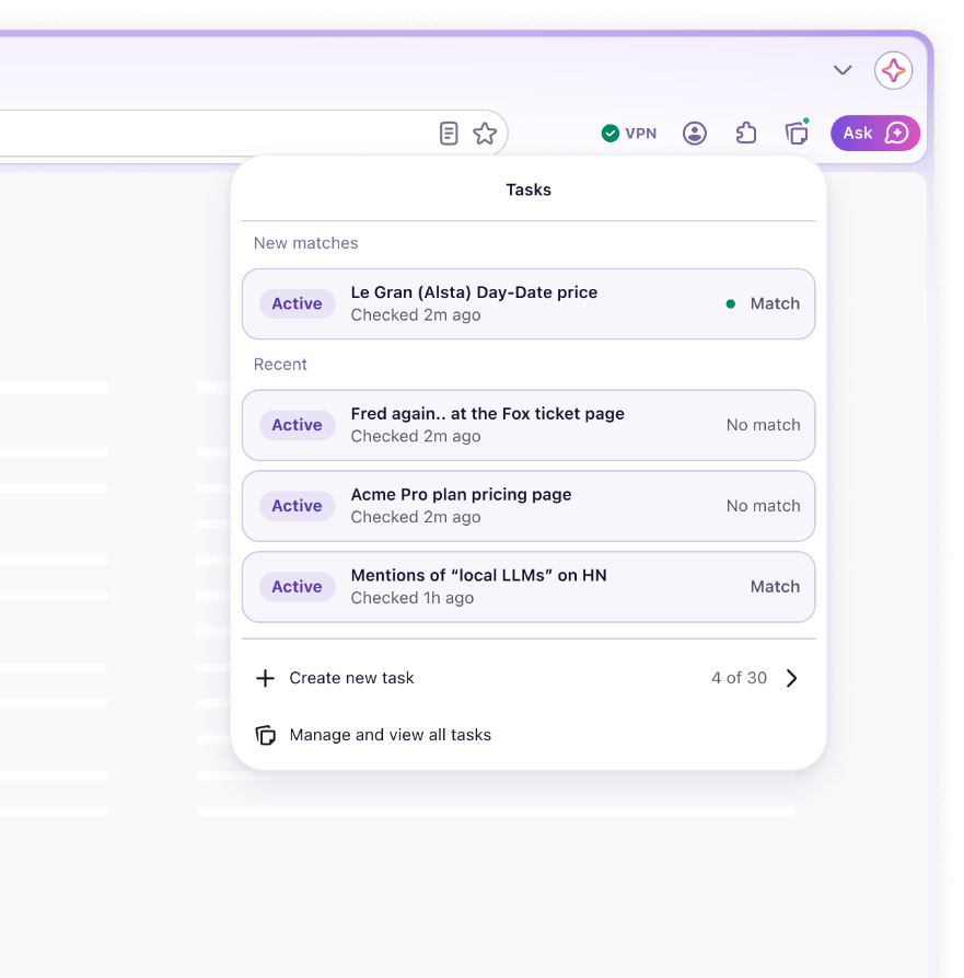 Tính năng theo dõi thay đổi trang web trong Firefox Smart Window