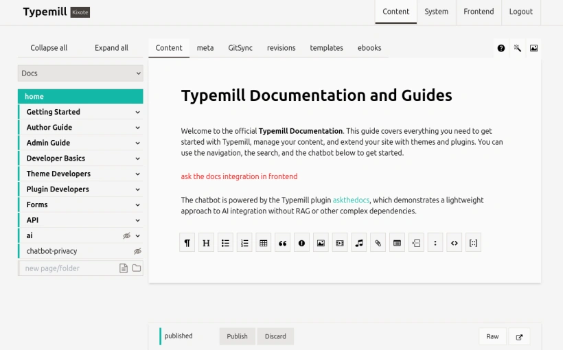 Giao diện quản lý tài liệu của Typemill