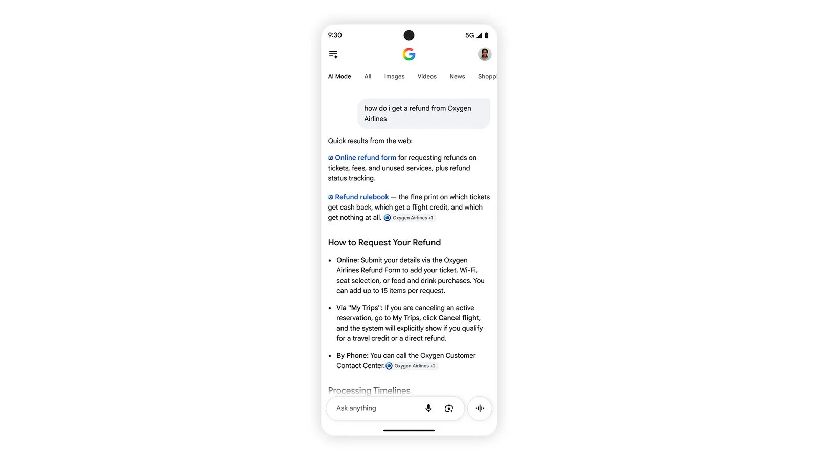 Giao diện kết quả tìm kiếm AI của Google