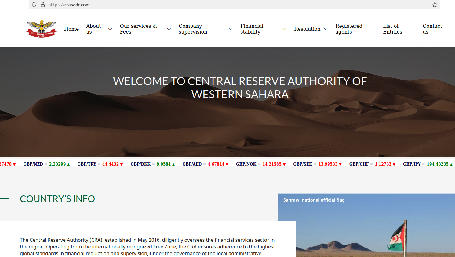 Website crasadr.com của cơ quan quản lý giả Central Reserve Authority of Western Sahara