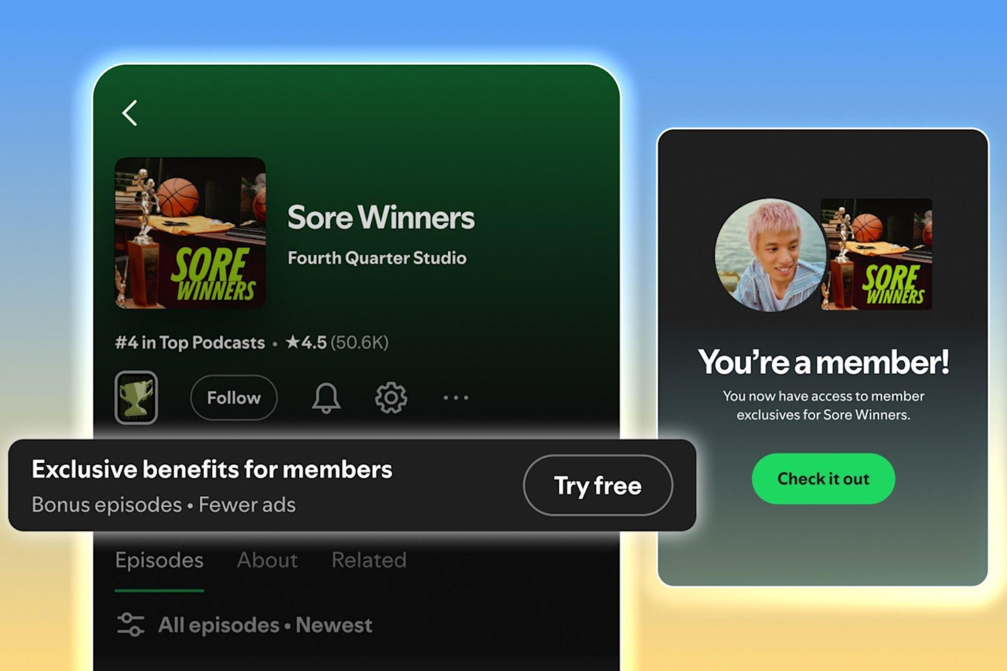 Giao diện tính năng Memberships của Spotify trên podcast