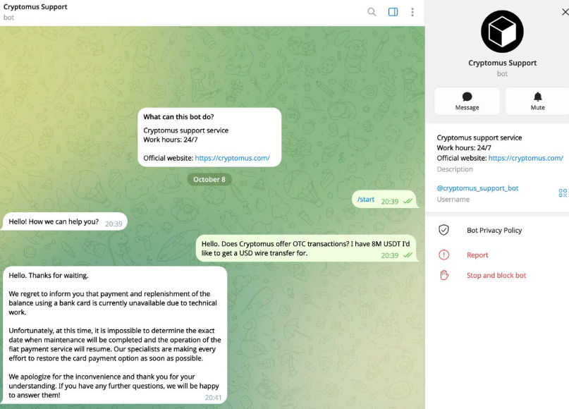 Ảnh chụp màn hình bot hỗ trợ Cryptomus thông báo ngừng xử lý giao dịch