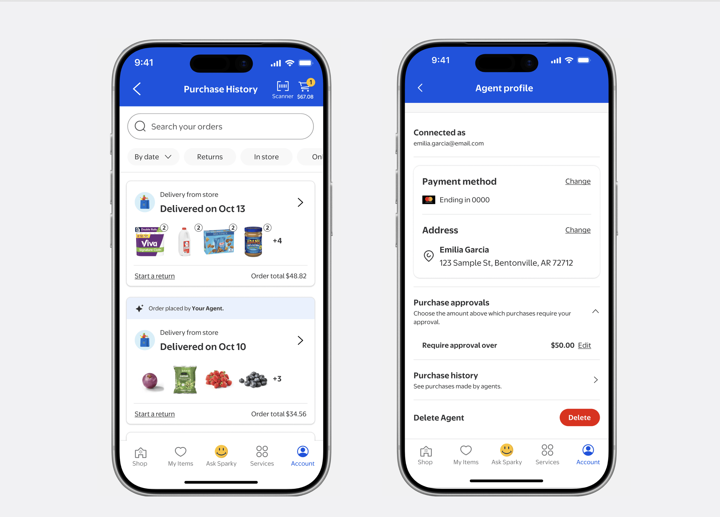 Giao diện hồ sơ AI agent trong tài khoản Walmart