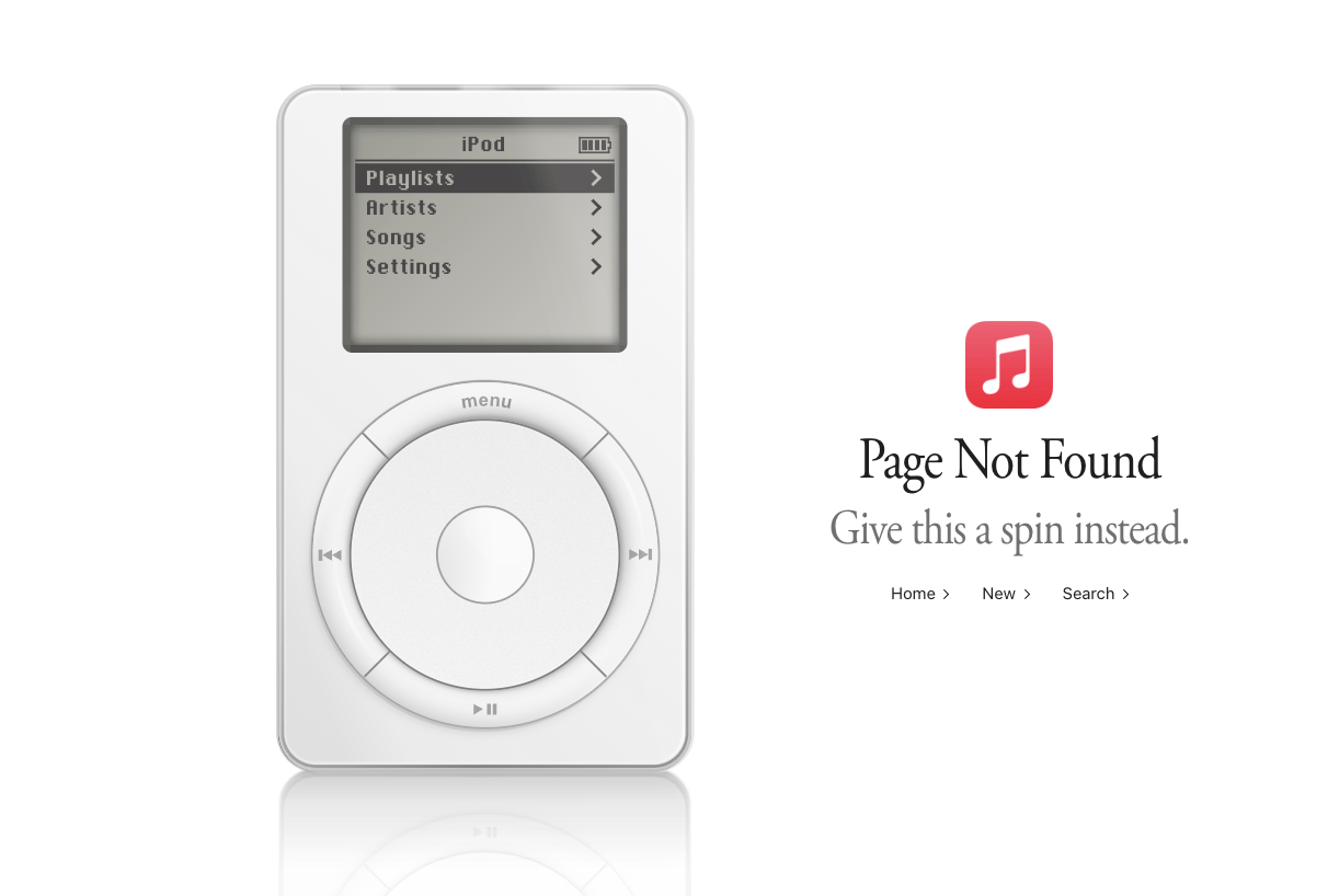 Chiếc iPod nguyên bản xuất hiện trên trang lỗi 404 của Apple Music