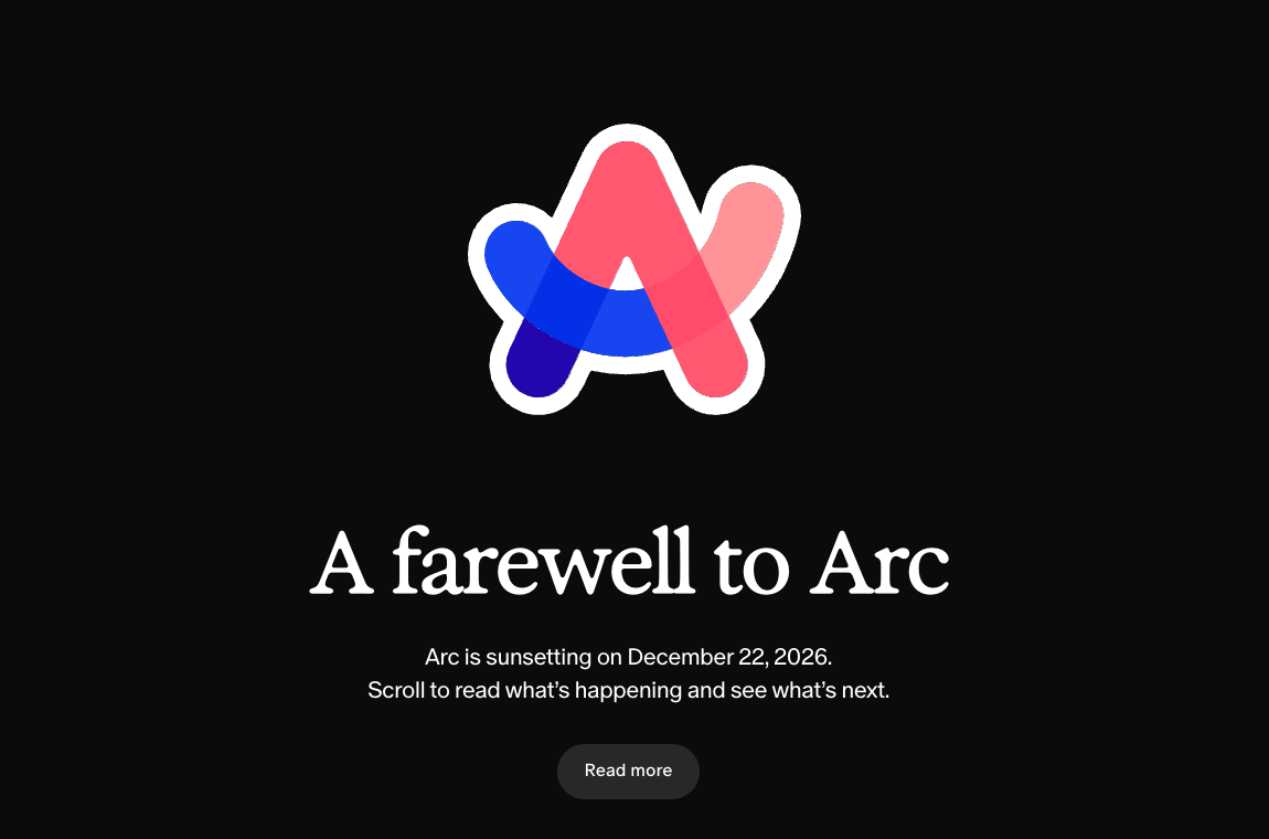 Thông báo đóng cửa Arc trên website của The Browser Company