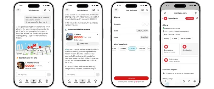 Giao diện trợ lý Yelp với tích hợp OpenTable và thông tin thời tiết