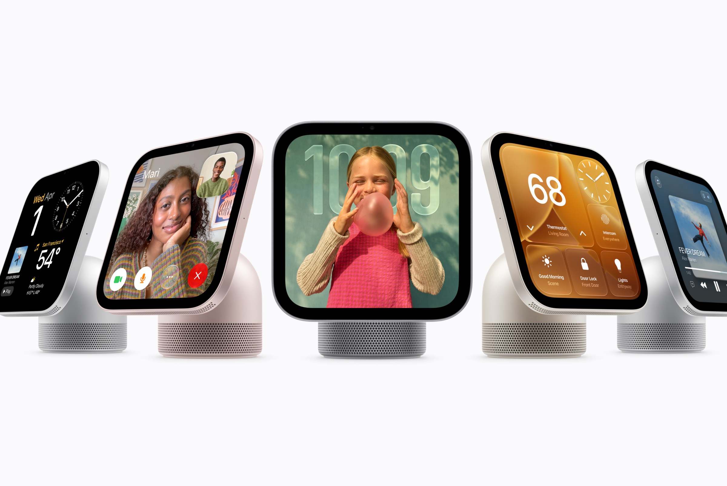 Màn hình thông minh Apple HomeView với màn hình vuông đặt trên đế loa kim loại