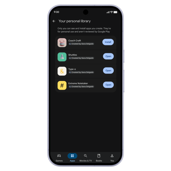 Giao diện tạo ứng dụng cá nhân trên Google Play
