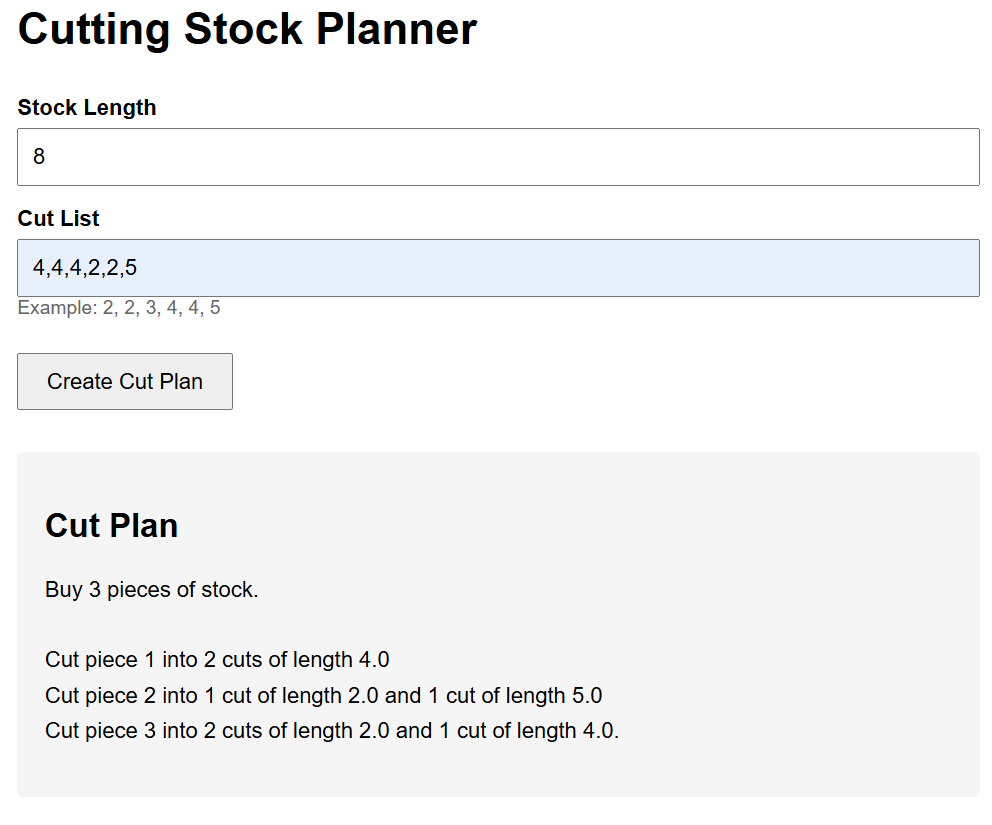 Giao diện công cụ Cutting Stock Planner