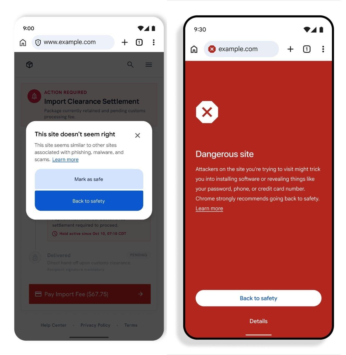 So sánh hai kiểu cảnh báo trên Chrome di động